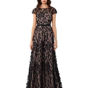 XSCAPE 3D Embroidered Floral Gown in Black/Nude Size 10